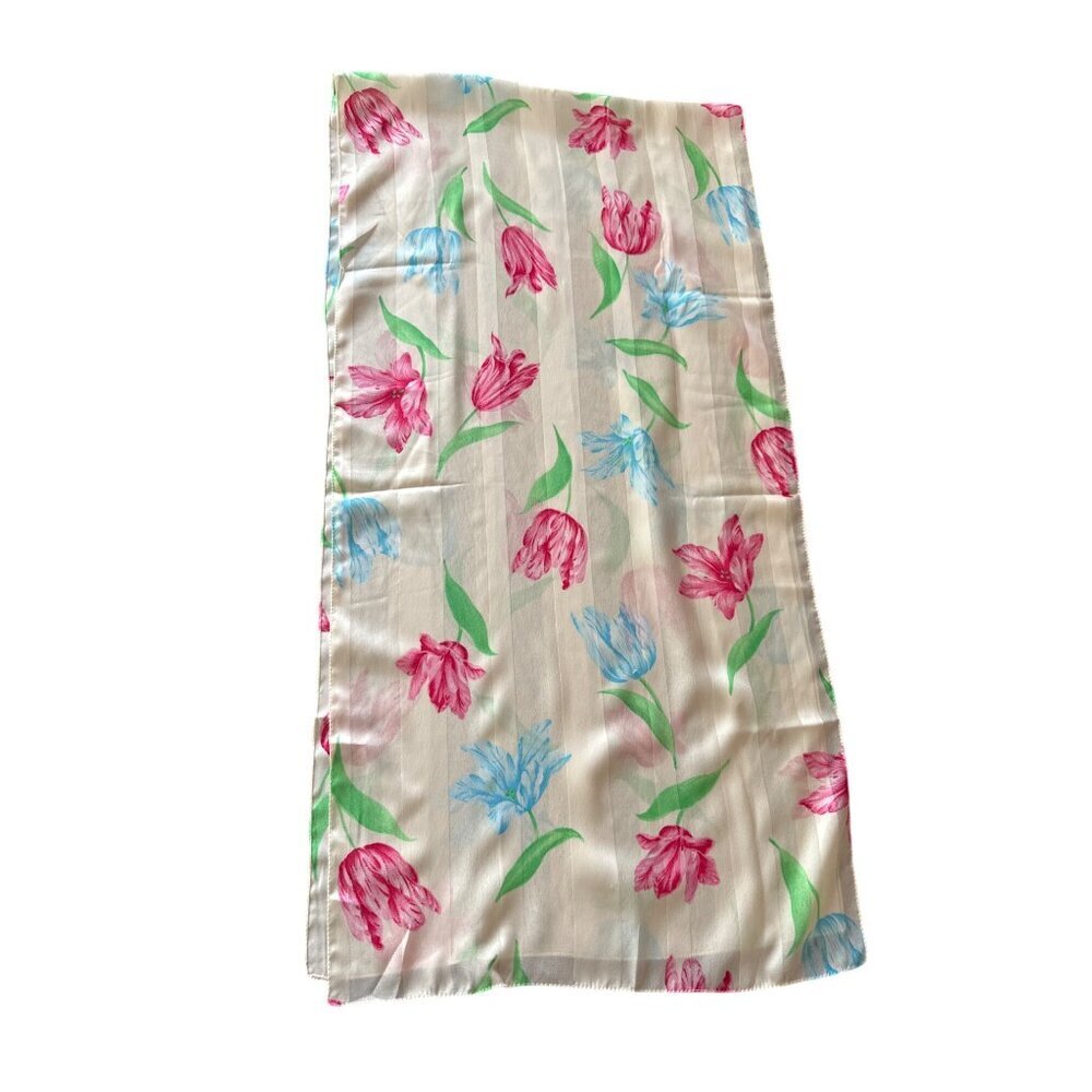 Vintage Floral Print Polyester Scarf Made In Italy Spring‎ Flower Tulip